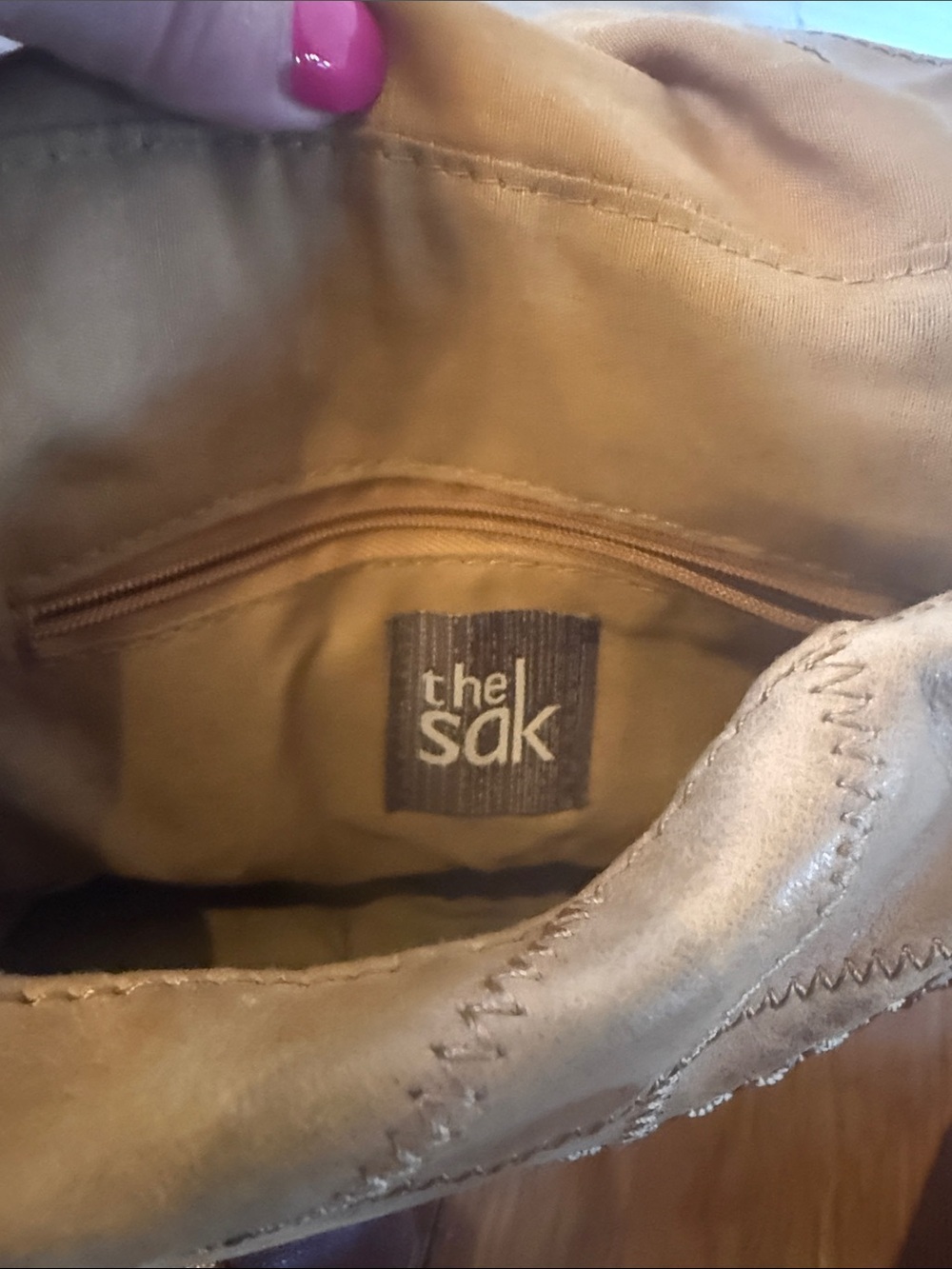The Sak Deena fold-over crescent crossbody bag. tan leather peace sign stitch - Picture 7 of 11